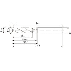 MVE0610X02S080 DP1020 6.1 mm Dia. × 8 mm Shank × 32.1 mm Flute Length × 75.1 mm OAL, 140°, 2 Flute, External Coolant, Solid Carbide Drill