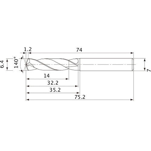 MVE0640X02S070 DP1020 6.4 mm Dia. × 7 mm Shank × 32.2 mm Flute Length × 75.2 mm OAL, 140°, 2 Flute, External Coolant, Solid Carbide Drill