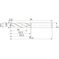 MVE0640X02S070 DP1020 6.4 mm Dia. × 7 mm Shank × 32.2 mm Flute Length × 75.2 mm OAL, 140°, 2 Flute, External Coolant, Solid Carbide Drill