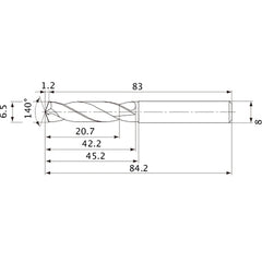 MVE0650X03S080 DP1020 6.5 mm Dia. × 8 mm Shank × 42.2 mm Flute Length × 84.2 mm OAL, 140°, 2 Flute, External Coolant, Solid Carbide Drill