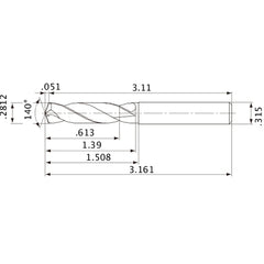 MVE0714X02S080 DP1020 0.2812″ Dia. × 0.315″ Shank × 1.39″ Flute Length × 3.161″ OAL, 140°, 2 Flute, External Coolant, Solid Carbide Drill