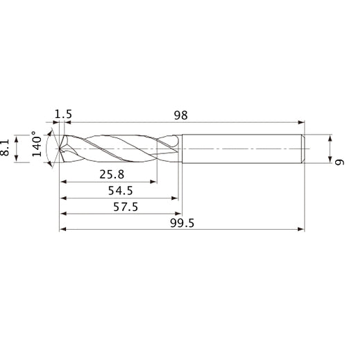 MVE0810X03S090 DP1020 8.1 mm Dia. × 9 mm Shank × 54.5 mm Flute Length × 99.5 mm OAL, 140°, 2 Flute, External Coolant, Solid Carbide Drill
