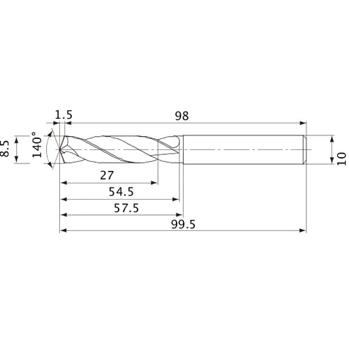 MVE0850X03S100 DP1020 8.5 mm Dia. × 10 mm Shank × 54.5 mm Flute Length × 99.5 mm OAL, 140°, 2 Flute, External Coolant, Solid Carbide Drill