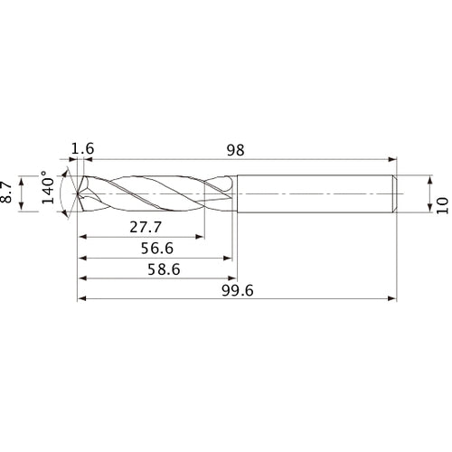 MVE0870X03S100 DP1020 8.7 mm Dia. × 10 mm Shank × 56.6 mm Flute Length × 99.6 mm OAL, 140°, 2 Flute, External Coolant, Solid Carbide Drill