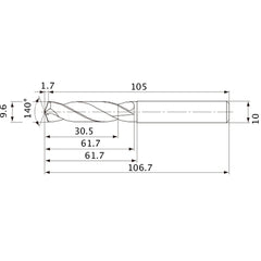 MVE0960X03S100 DP1020 9.6 mm Dia. × 10 mm Shank × 61.7 mm Flute Length × 106.7 mm OAL, 140°, 2 Flute, External Coolant, Solid Carbide Drill
