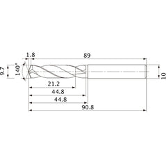 MVE0970X02S100 DP1020 9.7 mm Dia. × 10 mm Shank × 44.8 mm Flute Length × 90.8 mm OAL, 140°, 2 Flute, External Coolant, Solid Carbide Drill