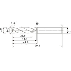 MVE0990X02S100 DP1020 9.9 mm Dia. × 10 mm Shank × 44.8 mm Flute Length × 90.8 mm OAL, 140°, 2 Flute, External Coolant, Solid Carbide Drill