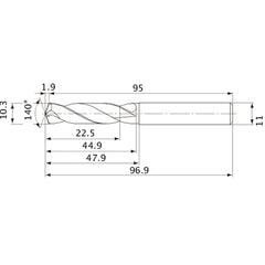 MVE1030X02S110 DP1020 10.3 mm Dia. × 11 mm Shank × 44.9 mm Flute Length × 96.9 mm OAL, 140°, 2 Flute, External Coolant, Solid Carbide Drill