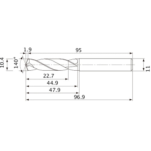 MVE1040X02S110 DP1020 10.4 mm Dia. × 11 mm Shank × 44.9 mm Flute Length × 96.9 mm OAL, 140°, 2 Flute, External Coolant, Solid Carbide Drill