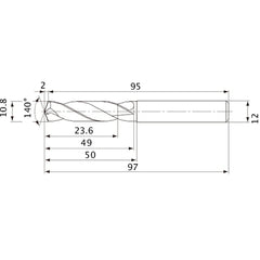 MVE1080X02S120 DP1020 10.8 mm Dia. × 12 mm Shank × 49 mm Flute Length × 97 mm OAL, 140°, 2 Flute, External Coolant, Solid Carbide Drill