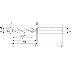 MVE1120X02S120 DP1020 11.2 mm Dia. × 12 mm Shank × 49 mm Flute Length × 97 mm OAL, 140°, 2 Flute, External Coolant, Solid Carbide Drill