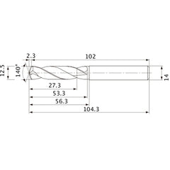 MVE1250X02S140 DP1020 12.5 mm Dia. × 14 mm Shank × 53.3 mm Flute Length × 104.3 mm OAL, 140°, 2 Flute, External Coolant, Solid Carbide Drill