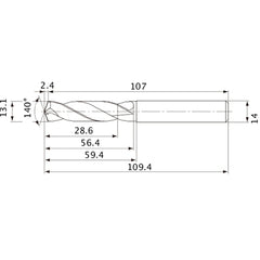 MVE1310X02S140 DP1020 13.1 mm Dia. × 14 mm Shank × 56.4 mm Flute Length × 109.4 mm OAL, 140°, 2 Flute, External Coolant, Solid Carbide Drill