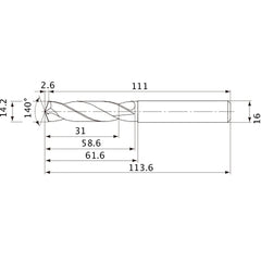 MVE1420X02S160 DP1020 14.2 mm Dia. × 16 mm Shank × 58.6 mm Flute Length × 113.6 mm OAL, 140°, 2 Flute, External Coolant, Solid Carbide Drill
