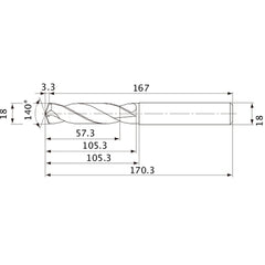 MVE1800X03S180 DP1020 18 mm Dia. × 18 mm Shank × 105.3 mm Flute Length × 170.3 mm OAL, 140°, 2 Flute, External Coolant, Solid Carbide Drill