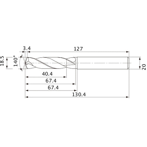 MVE1850X02S200 DP1020 18.5 mm Dia. × 20 mm Shank × 67.4 mm Flute Length × 130.4 mm OAL, 140°, 2 Flute, External Coolant, Solid Carbide Drill