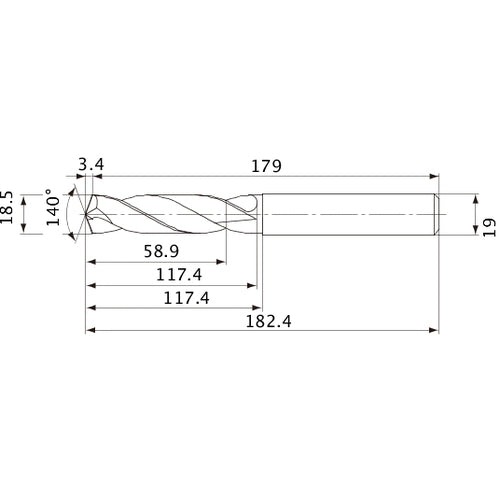 MVE1850X03S190 DP1020 18.5 mm Dia. × 19 mm Shank × 117.4 mm Flute Length × 182.4 mm OAL, 140°, 2 Flute, External Coolant, Solid Carbide Drill
