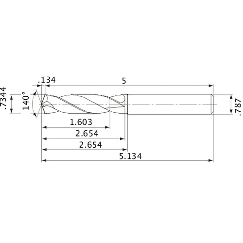 MVE1865X02S200 DP1020 0.7344″ Dia. × 0.787″ Shank × 2.654″ Flute Length × 5.134″ OAL, 140°, 2 Flute, External Coolant, Solid Carbide Drill