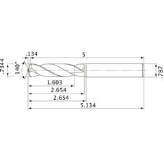 MVE1865X02S200 DP1020 0.7344″ Dia. × 0.787″ Shank × 2.654″ Flute Length × 5.134″ OAL, 140°, 2 Flute, External Coolant, Solid Carbide Drill