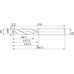 MVE1900X03S190 DP1020 19 mm Dia. × 19 mm Shank × 117.5 mm Flute Length × 182.5 mm OAL, 140°, 2 Flute, External Coolant, Solid Carbide Drill