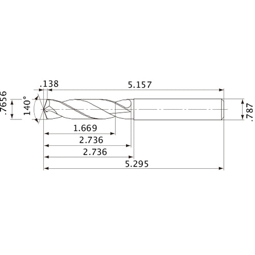 MVE1945X02S200 DP1020 0.7656″ Dia. × 0.787″ Shank × 2.736″ Flute Length × 5.295″ OAL, 140°, 2 Flute, External Coolant, Solid Carbide Drill