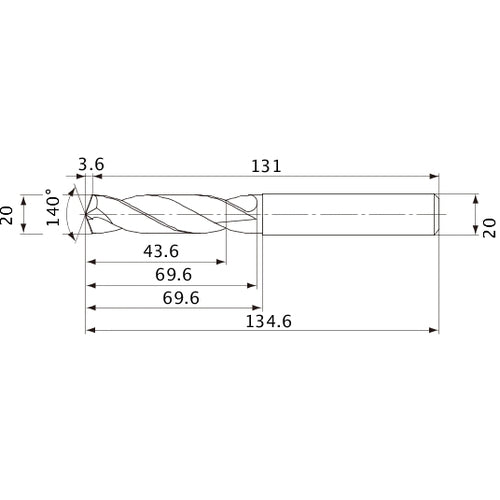 MVE2000X02S200 DP1020 20 mm Dia. × 20 mm Shank × 69.6 mm Flute Length × 134.6 mm OAL, 140°, 2 Flute, External Coolant, Solid Carbide Drill