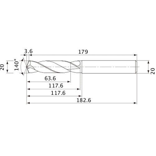 MVE2000X03S200 DP1020 20 mm Dia. × 20 mm Shank × 117.6 mm Flute Length × 182.6 mm OAL, 140°, 2 Flute, External Coolant, Solid Carbide Drill