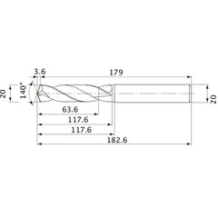MVE2000X03S200 DP1020 20 mm Dia. × 20 mm Shank × 117.6 mm Flute Length × 182.6 mm OAL, 140°, 2 Flute, External Coolant, Solid Carbide Drill
