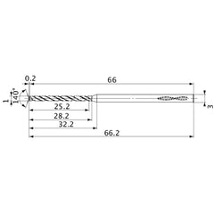 MVS0100X25S030 DP1020 1 mm Dia. × 3 mm Shank × 28.2 mm Flute Length × 66.2 mm OAL, 140°, 2 Flute, Coolant Thru, Solid Carbide Drill