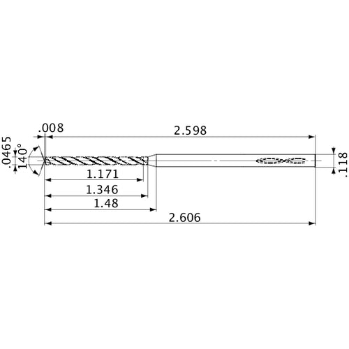 MVS0118X25S030 DP1020 0.0465″ Dia. × 0.118″ Shank × 1.346″ Flute Length × 2.606″ OAL, 140°, 2 Flute, Coolant Thru, Solid Carbide Drill