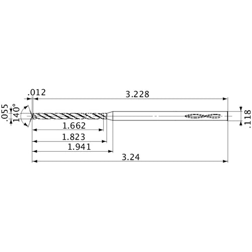 MVS0139X30S030 DP1020 0.055″ Dia. × 0.118″ Shank × 1.823″ Flute Length × 3.24″ OAL, 140°, 2 Flute, Coolant Thru, Solid Carbide Drill