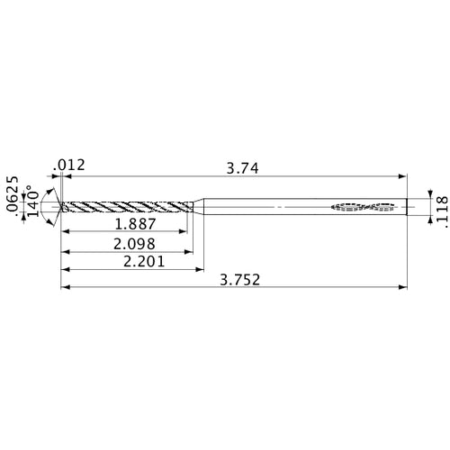 MVS0159X30S030 DP1020 1/16″ Dia. × 0.118″ Shank × 2.098″ Flute Length × 3.752″ OAL, 140°, 2 Flute, Coolant Thru, Solid Carbide Drill
