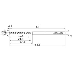MVS0160X12S030 DP1020 1.6 mm Dia. × 3 mm Shank × 24.3 mm Flute Length × 68.3 mm OAL, 140°, 2 Flute, Coolant Thru, Solid Carbide Drill