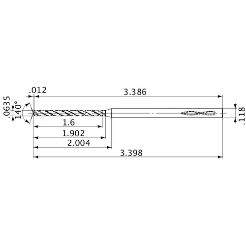 MVS0161X25S030 DP1020 0.0635″ Dia. × 0.118″ Shank × 1.902″ Flute Length × 3.398″ OAL, 140°, 2 Flute, Coolant Thru, Solid Carbide Drill