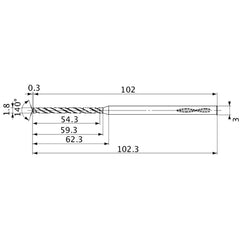 MVS0180X30S030 DP1020 1.8 mm Dia. × 3 mm Shank × 59.3 mm Flute Length × 102.3 mm OAL, 140°, 2 Flute, Coolant Thru, Solid Carbide Drill