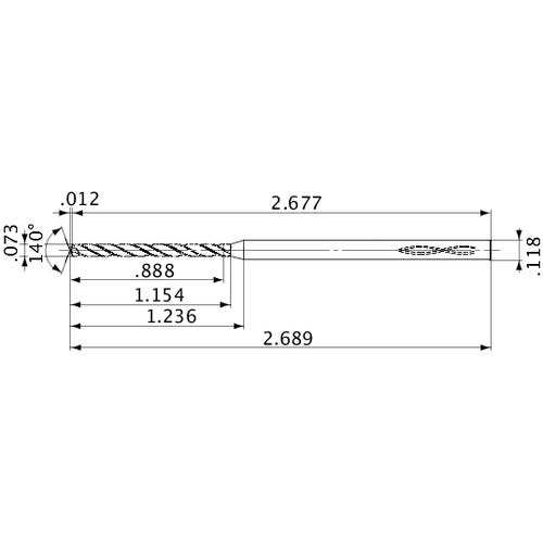 MVS0186X12S030 DP1020 0.073″ Dia. × 0.118″ Shank × 1.154″ Flute Length × 2.689″ OAL, 140°, 2 Flute, Coolant Thru, Solid Carbide Drill
