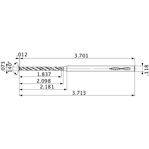 MVS0186X25S030 DP1020 0.073″ Dia. × 0.118″ Shank × 2.098″ Flute Length × 3.713″ OAL, 140°, 2 Flute, Coolant Thru, Solid Carbide Drill