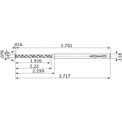 MVS0193X25S030 DP1020 0.076″ Dia. × 0.118″ Shank × 2.22″ Flute Length × 3.717″ OAL, 140°, 2 Flute, Coolant Thru, Solid Carbide Drill