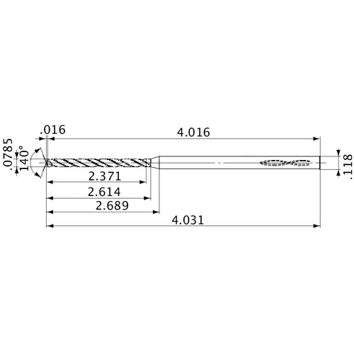 MVS0199X30S030 DP1020 0.0785″ Dia. × 0.118″ Shank × 2.614″ Flute Length × 4.031″ OAL, 140°, 2 Flute, Coolant Thru, Solid Carbide Drill