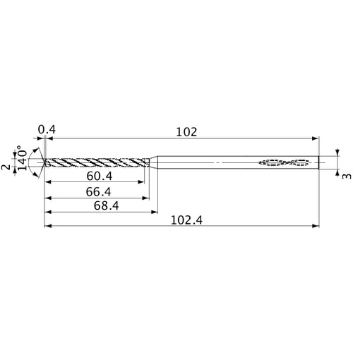 MVS0200X30S030 DP1020 2 mm Dia. × 3 mm Shank × 66.4 mm Flute Length × 102.4 mm OAL, 140°, 2 Flute, Coolant Thru, Solid Carbide Drill