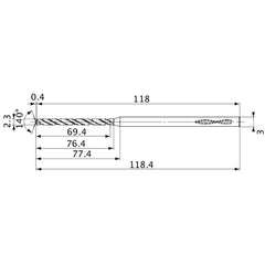 MVS0230X30S030 DP1020 2.3 mm Dia. × 3 mm Shank × 76.4 mm Flute Length × 118.4 mm OAL, 140°, 2 Flute, Coolant Thru, Solid Carbide Drill