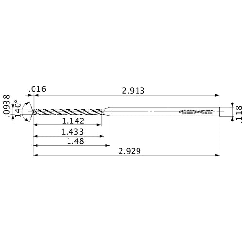MVS0238X12S030 DP1020 0.0938″ Dia. × 0.118″ Shank × 1.433″ Flute Length × 2.929″ OAL, 140°, 2 Flute, Coolant Thru, Solid Carbide Drill