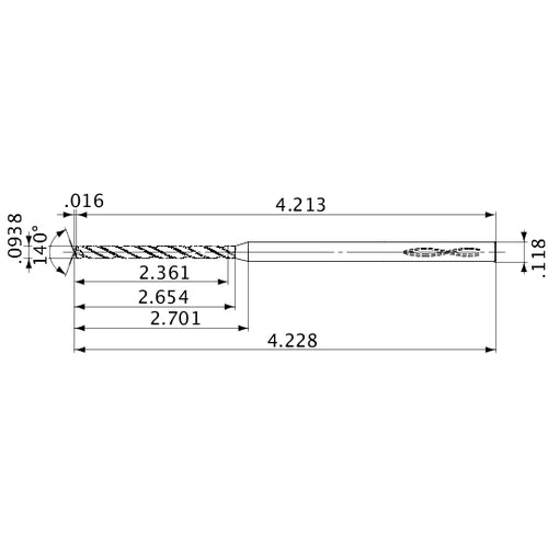 MVS0238X25S030 DP1020 0.0938″ Dia. × 0.118″ Shank × 2.654″ Flute Length × 4.228″ OAL, 140°, 2 Flute, Coolant Thru, Solid Carbide Drill