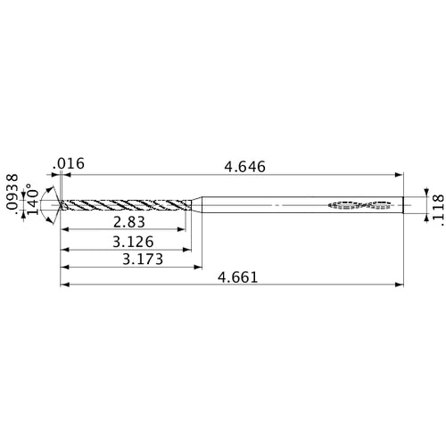 MVS0238X30S030 DP1020 0.0938″ Dia. × 0.118″ Shank × 3.126″ Flute Length × 4.661″ OAL, 140°, 2 Flute, Coolant Thru, Solid Carbide Drill