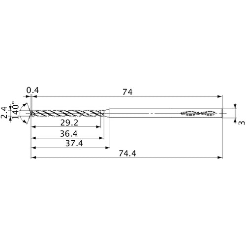 MVS0240X12S030 DP1020 2.4 mm Dia. × 3 mm Shank × 36.4 mm Flute Length × 74.4 mm OAL, 140°, 2 Flute, Coolant Thru, Solid Carbide Drill