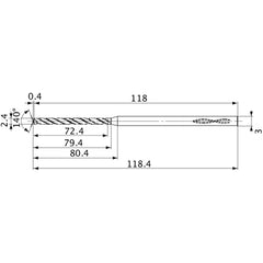 MVS0240X30S030 DP1020 2.4 mm Dia. × 3 mm Shank × 79.4 mm Flute Length × 118.4 mm OAL, 140°, 2 Flute, Coolant Thru, Solid Carbide Drill