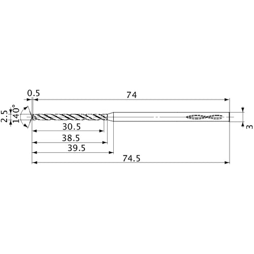 MVS0250X12S030 DP1020 2.5 mm Dia. × 3 mm Shank × 38.5 mm Flute Length × 74.5 mm OAL, 140°, 2 Flute, Coolant Thru, Solid Carbide Drill