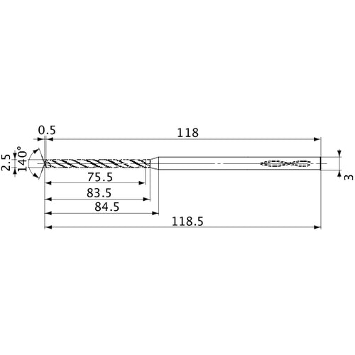MVS0250X30S030 DP1020 2.5 mm Dia. × 3 mm Shank × 83.5 mm Flute Length × 118.5 mm OAL, 140°, 2 Flute, Coolant Thru, Solid Carbide Drill