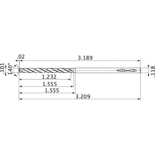 MVS0257X12S030 DP1020 0.101″ Dia. × 0.118″ Shank × 1.555″ Flute Length × 3.209″ OAL, 140°, 2 Flute, Coolant Thru, Solid Carbide Drill