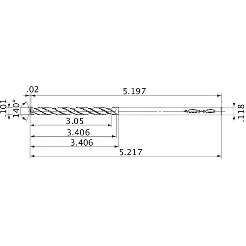 MVS0257X30S030 DP1020 0.101″ Dia. × 0.118″ Shank × 3.406″ Flute Length × 5.217″ OAL, 140°, 2 Flute, Coolant Thru, Solid Carbide Drill